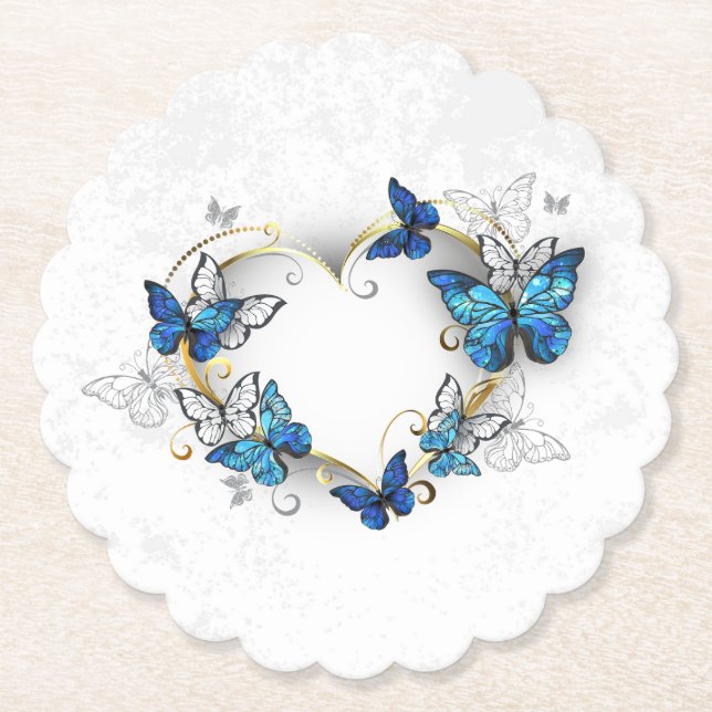 Jewelry Heart with Butterflies Morpho Paper Coaster (Front)