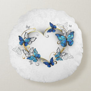 Jewelry Heart with Butterflies Morpho Round Pillow