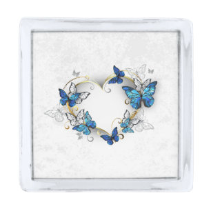 Jewelry Heart with Butterflies Morpho Silver Finish Lapel Pin