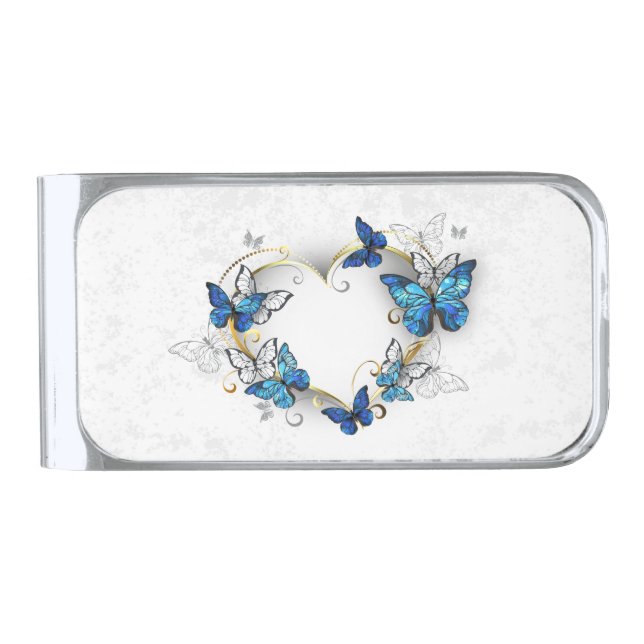 Jewelry Heart with Butterflies Morpho Silver Finish Money Clip (Front)
