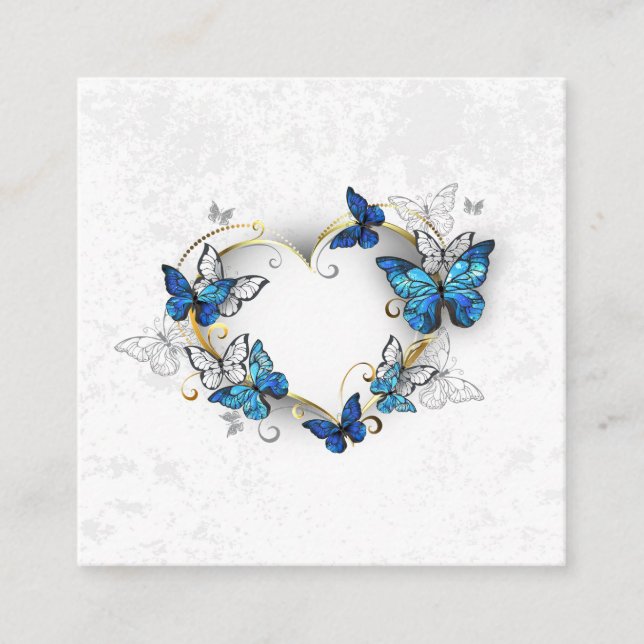 Jewelry Heart with Butterflies Morpho Square Business Card (Front)