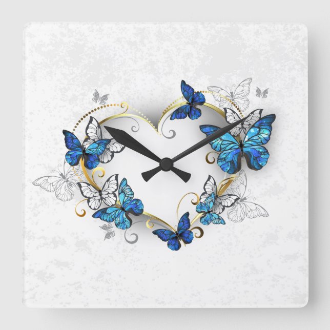 Jewelry Heart with Butterflies Morpho Square Wall Clock (Front)