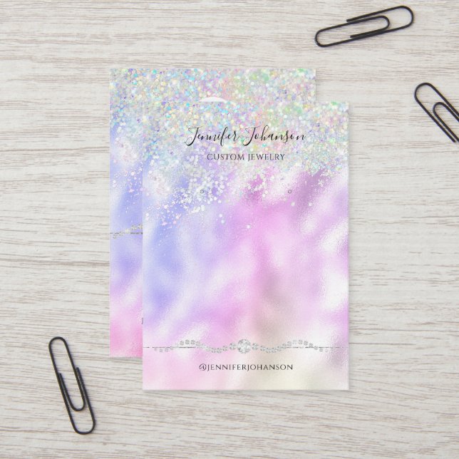 Jewelry holder earrings Rose gold glitter rainbow Business Card (Front/Back In Situ)