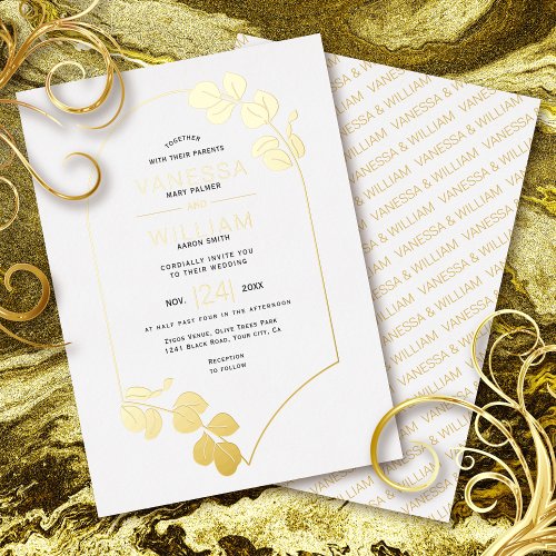 Jewelry inspired frame and leaves white wedding foil invitation