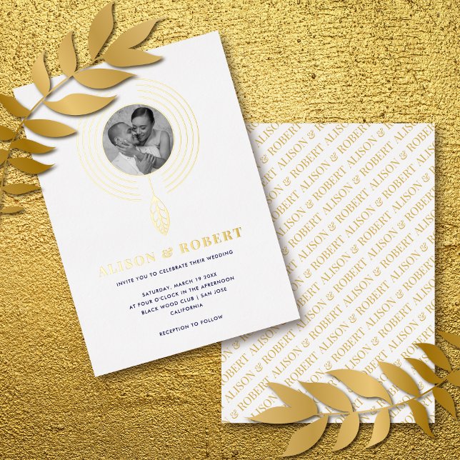 Jewelry inspired frame and photo white wedding foil invitation (Creator Uploaded)