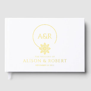 Jewelry inspired frame, initials gold foil wedding guest book 