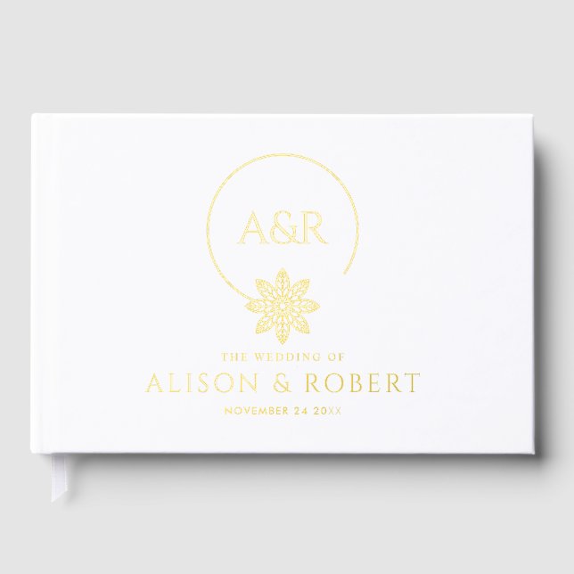 Jewelry inspired frame, initials gold foil wedding guest book  (Front)
