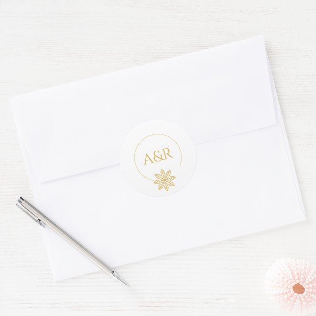 Jewelry inspired frame & initials white wedding classic round sticker (Envelope)