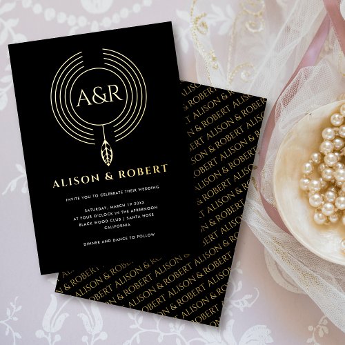 Jewelry inspired frame leaf and initials wedding foil invitation