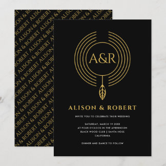 Jewelry inspired frame, leaf and initials wedding invitation