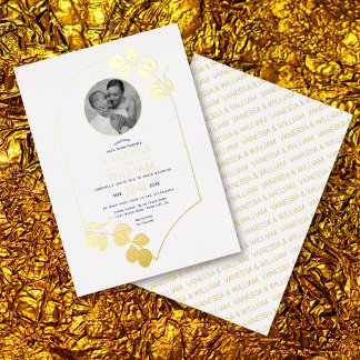 Jewelry inspired frame, leaves white photo wedding foil invitation