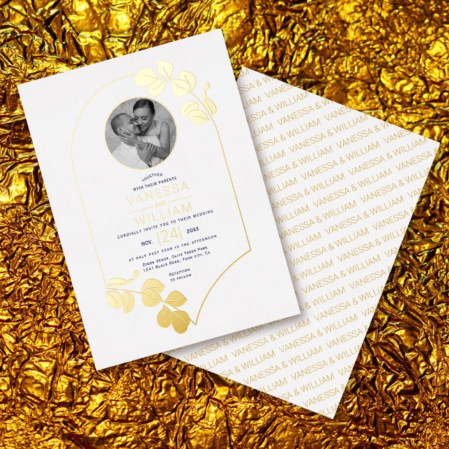 Jewelry inspired frame, leaves white photo wedding foil invitation (Creator Uploaded)