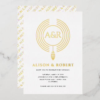 Jewelry inspired frame with initials white wedding foil invitation