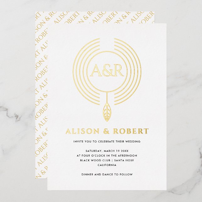 Jewelry inspired frame with initials white wedding foil invitation (Front/Back)