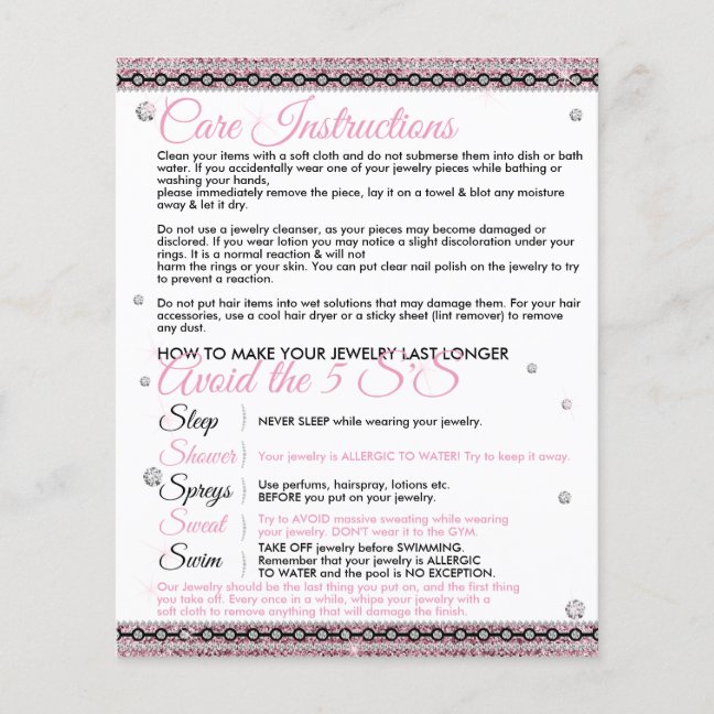 Jewelry Last Longer Care Instruction Tips Flyer