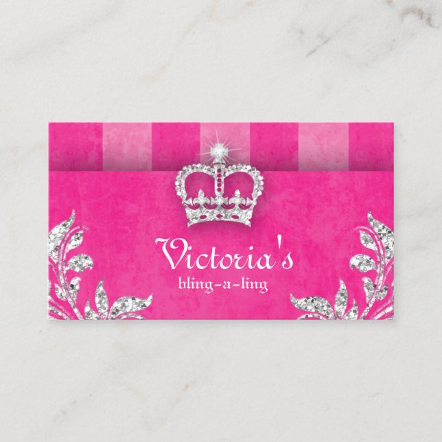 Jewelry Leaves Stripes Crown Pink Business Card (Front)