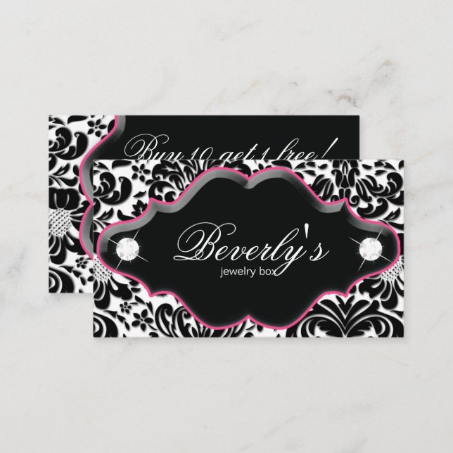 Jewelry Loyalty Card Pink Damask Diamonds (Front/Back)