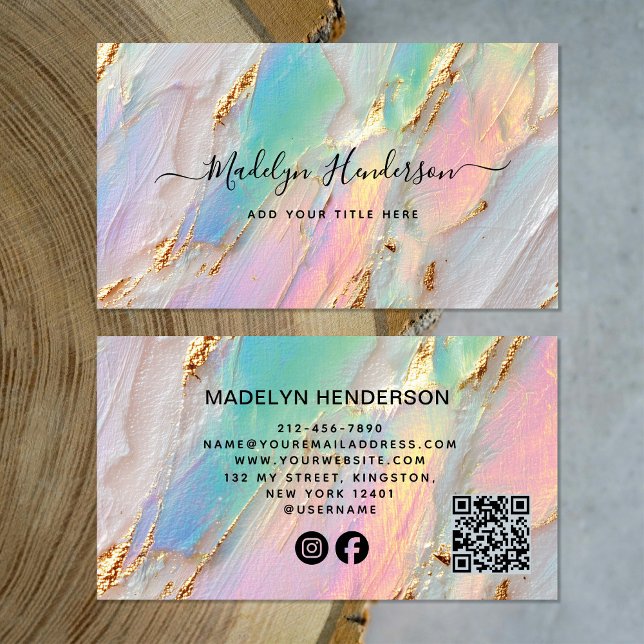Jewelry Opal Brush Gold QR Code Social Media  Business Card (Creator Uploaded)