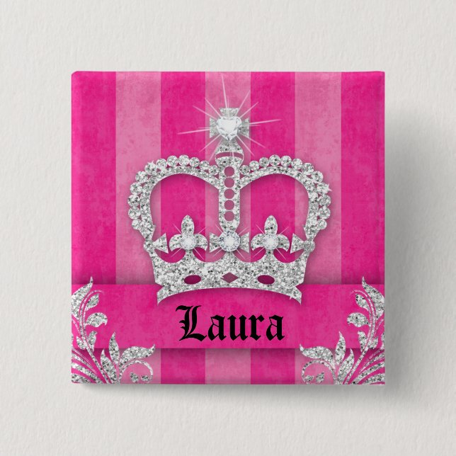 Jewelry Princess Crown Pink Stripes Brooch Pinback Button (Front)