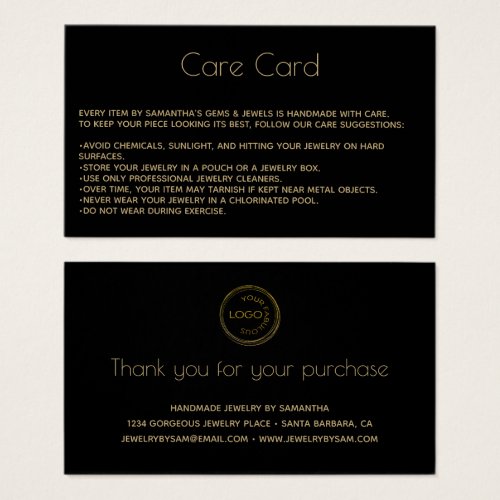 Jewelry Product Black  Care Card 
