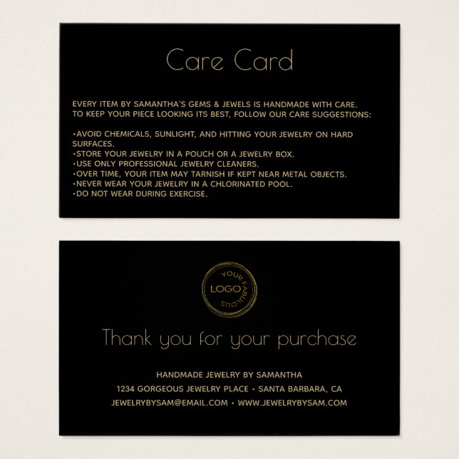 Jewelry Product Black  Care Card  (Front & Back)