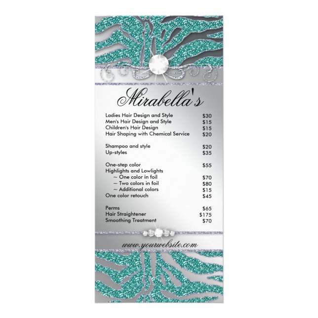 Jewelry Rack Card Zebra Luxury Teal Sparkle Silver (Front)