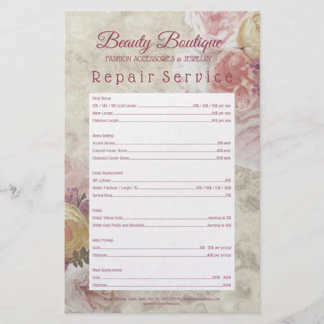 Jewelry Repair Price List Pink Peony Flower Flyer Zazzle