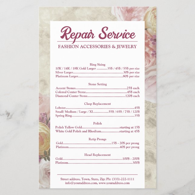 Jewelry Repair Price List Pink Peony Flower Flyer (Front)
