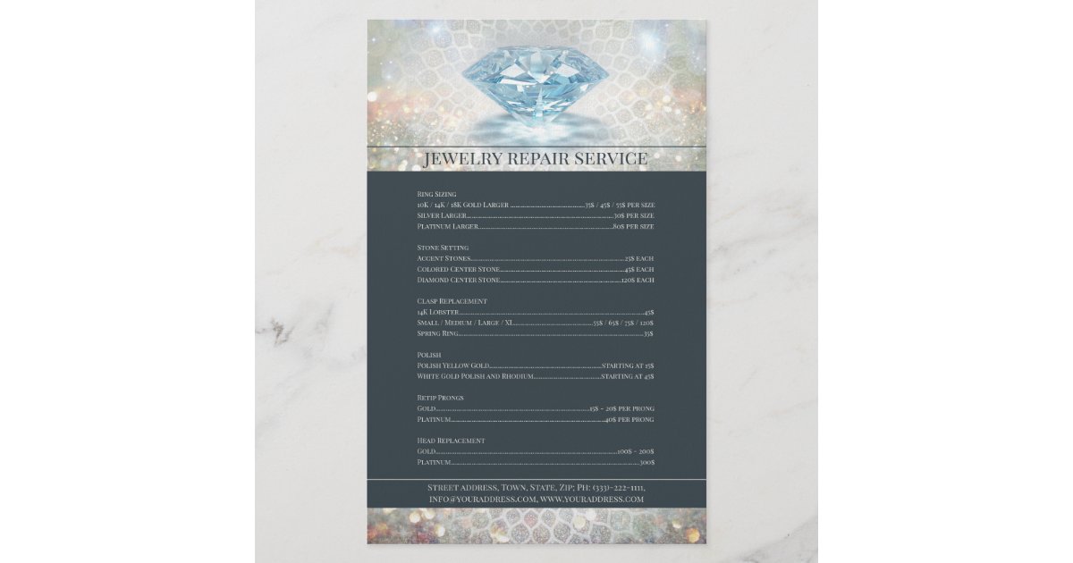 Jewelry Repair Price List Sparkling Diamond Flyer Zazzle