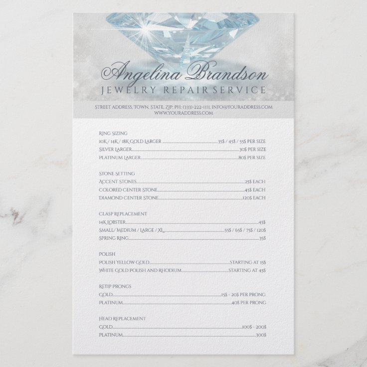 Jewelry Repair Price List Sparkling Diamond Flyer Zazzle
