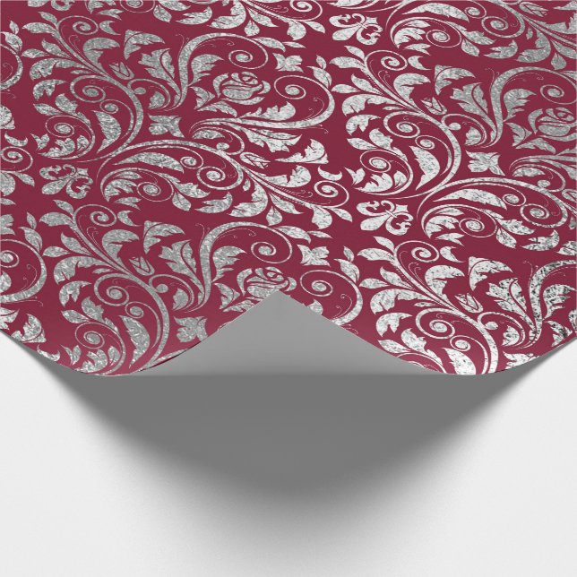 Jewelry Royal Damask Floral Maroon Burgundy Silver Wrapping Paper (Corner)