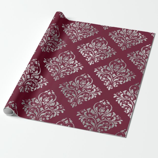 Jewelry Royal Damask Maroon Burgundy Vip Silver Wrapping Paper (Unrolled)