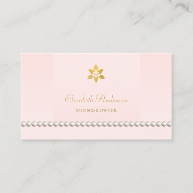 Jewelry Store Pink and Gold String of Pearls Business Card (Front)