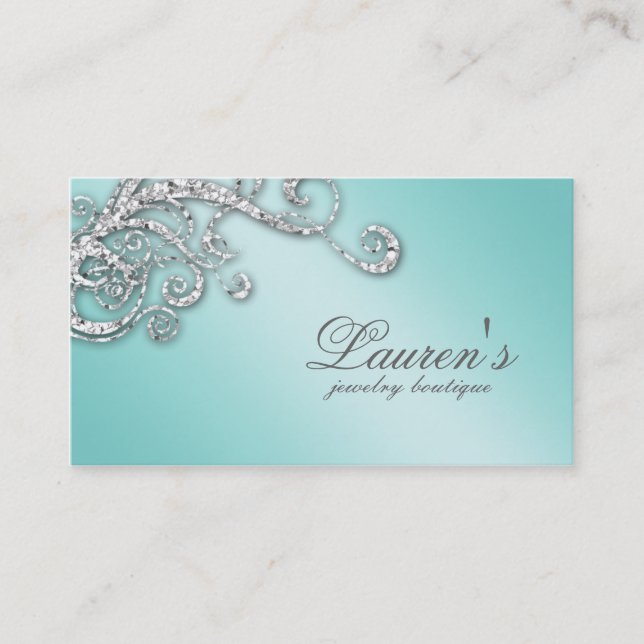 Jewelry Swirl Business Card Glitter Diamonds Blue (Front)