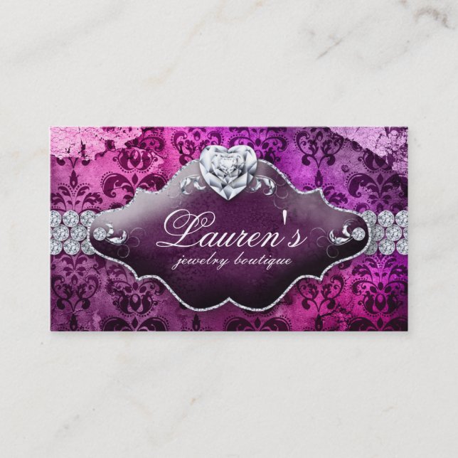 Jewelry Vintage Valentine's Heart Damask Purple Business Card (Front)