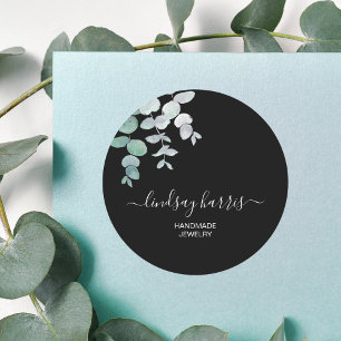 Jewelry Watercolor Eucalyptus Black Classic Round Sticker