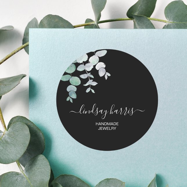 Jewelry Watercolor Eucalyptus Black Classic Round Sticker (Creator Uploaded)