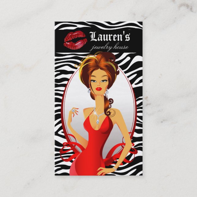 Jewelry Woman Red Zebra Lips Black Business Card (Front)