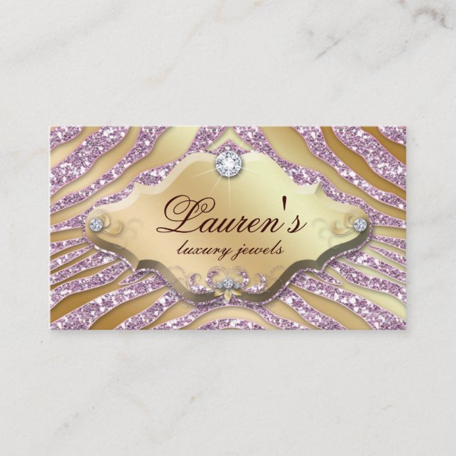 Jewelry Zebra Business Card Sparkle Pink Gold (Front)