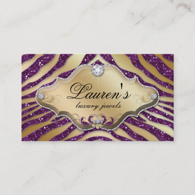 Jewelry Zebra Business Card Sparkle Purple Gold 2 (Front)