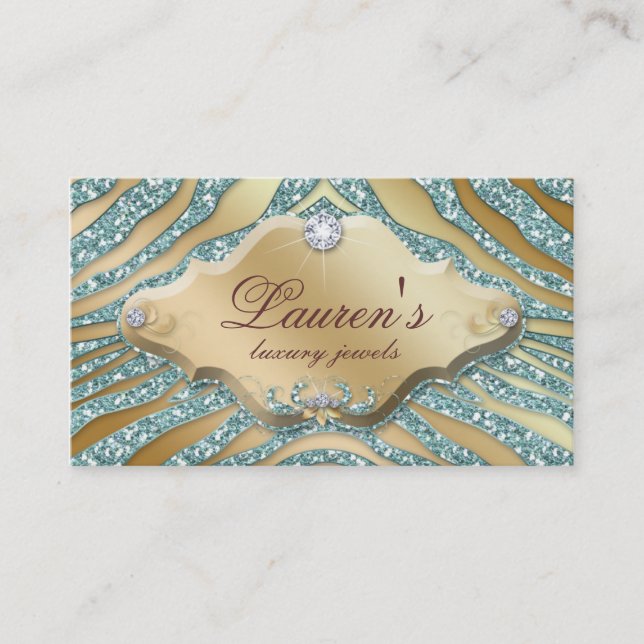 Jewelry Zebra Business Card Sparkle Teal Gold (Front)