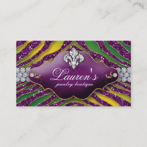 Jewelry Zebra Fleur de lis Mardi Gras Purple Business Card
