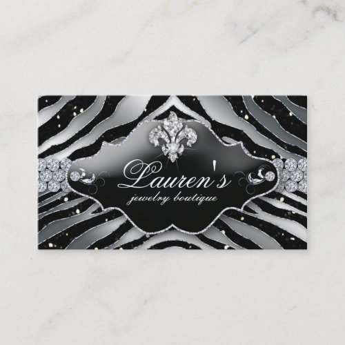 Jewelry Zebra Fleur de lis Sparkle Black Silver Business Card Template