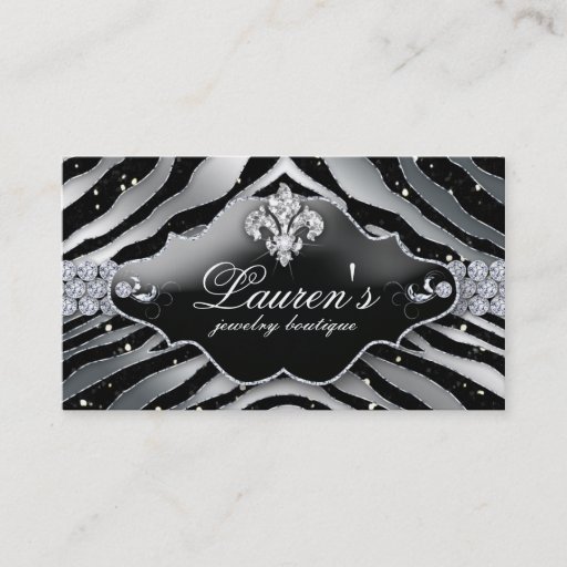 Customizable Jewelry Zebra Fleur de lis Sparkle Black Silver Business Card Template