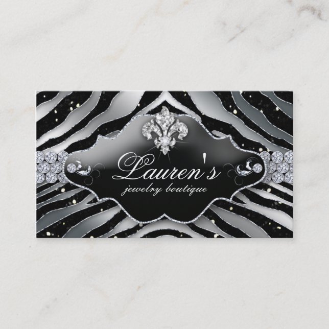 Jewelry Zebra Fleur de lis Sparkle Black Silver Business Card (Front)