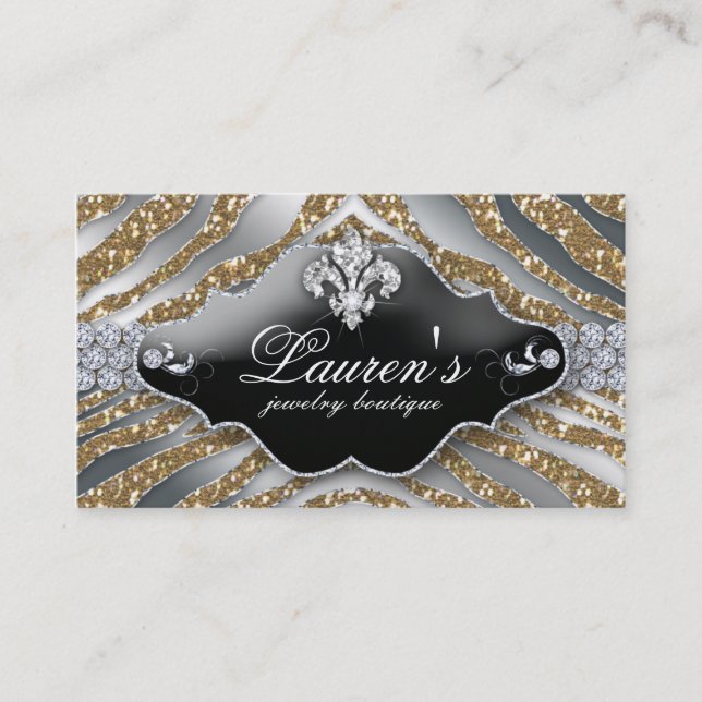 Jewelry Zebra Fleur de lis Sparkle Gold Business Card (Front)