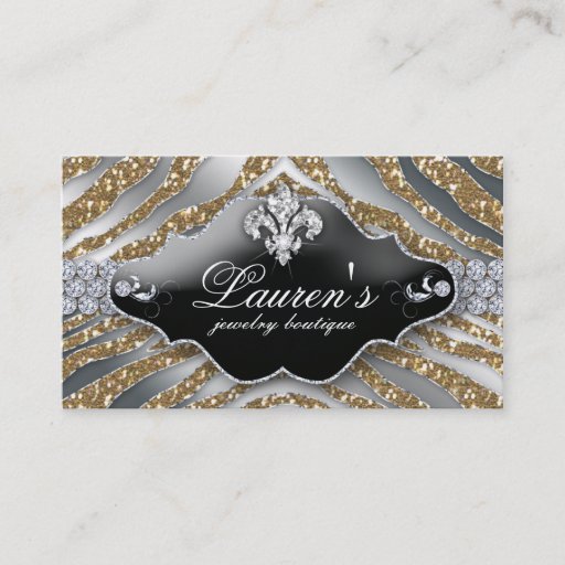 Customizable Jewelry Zebra Fleur de lis Sparkle Gold Silver Business Cards