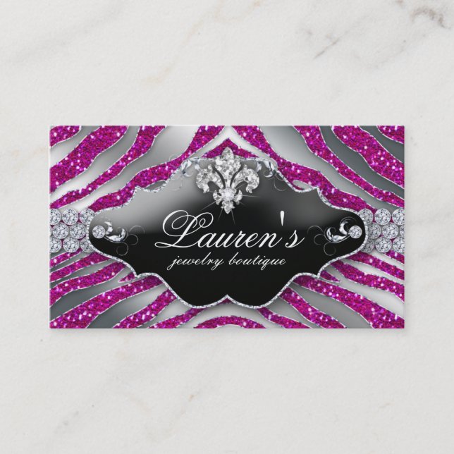 Jewelry Zebra Fleur de lis Sparkle Hot Pink Business Card (Front)