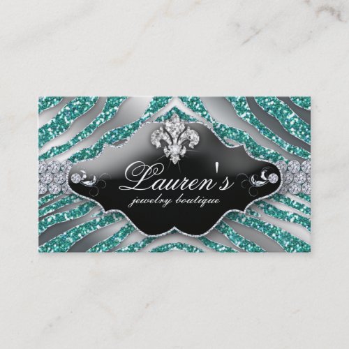 Jewelry Zebra Fleur de lis Sparkle Teal Silver Business Cards