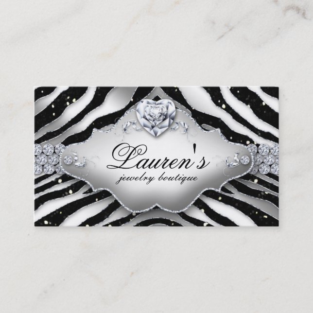 Jewelry Zebra Valentine's Heart Sparkle Black Business Card (Front)